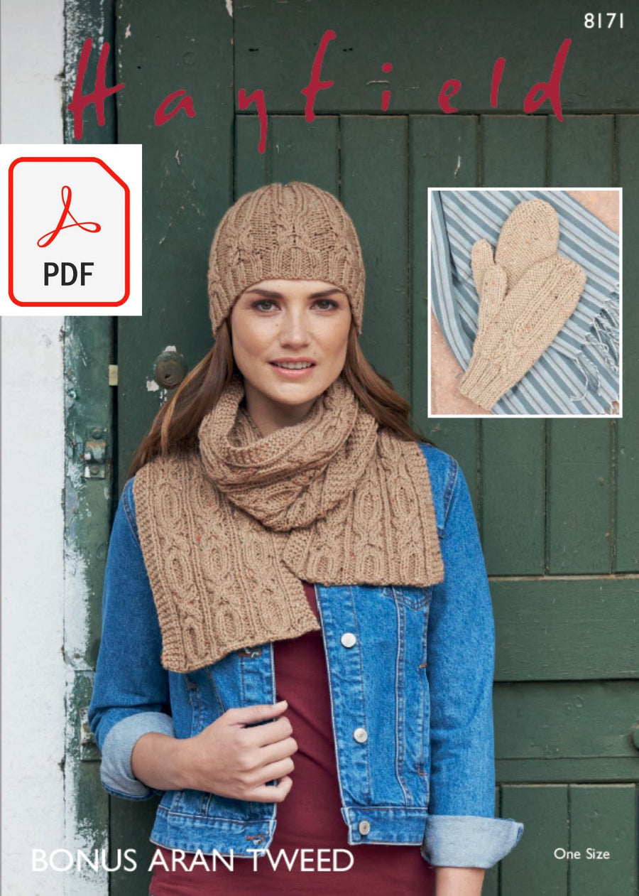Hayfield 8171 Scraf, Hat and Mittens in Bonus Aran Tweed (PDF) Knit in a Box 