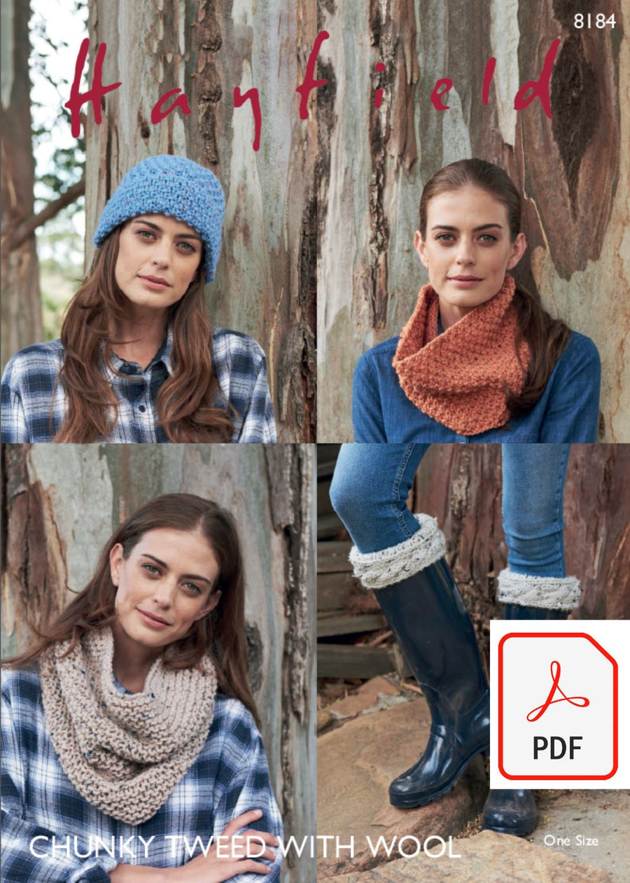 Hayfield 8184 Woman´s Accessories in Chunky Tweed (PDF) Knit in a Box 