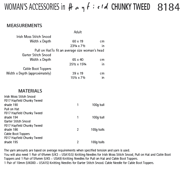 Hayfield 8184 Woman´s Accessories in Chunky Tweed (PDF) Knit in a Box