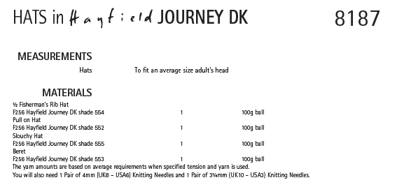 Hayfield 8187 Hats in Journey DK (PDF) Knit in a Box