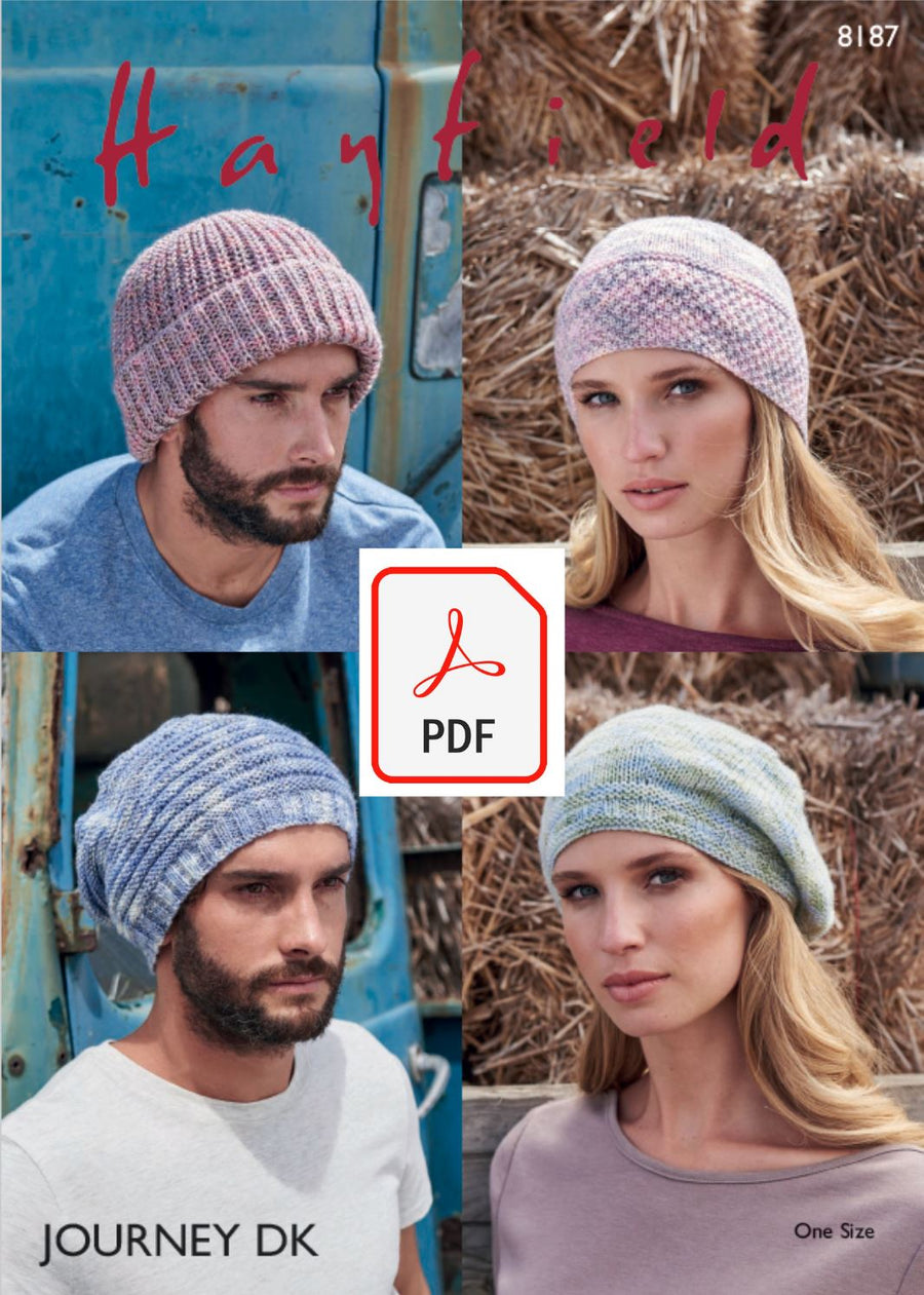 Hayfield 8187 Hats in Journey DK (PDF) Knit in a Box 