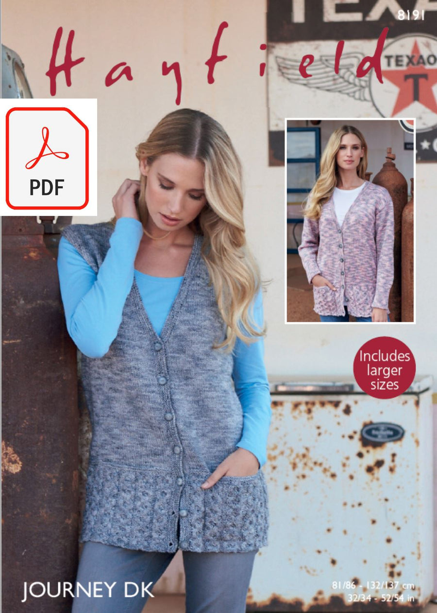 Hayfield 8191 Cardigan and Waistcoat in Journey DK (PDF) Knit in a Box 