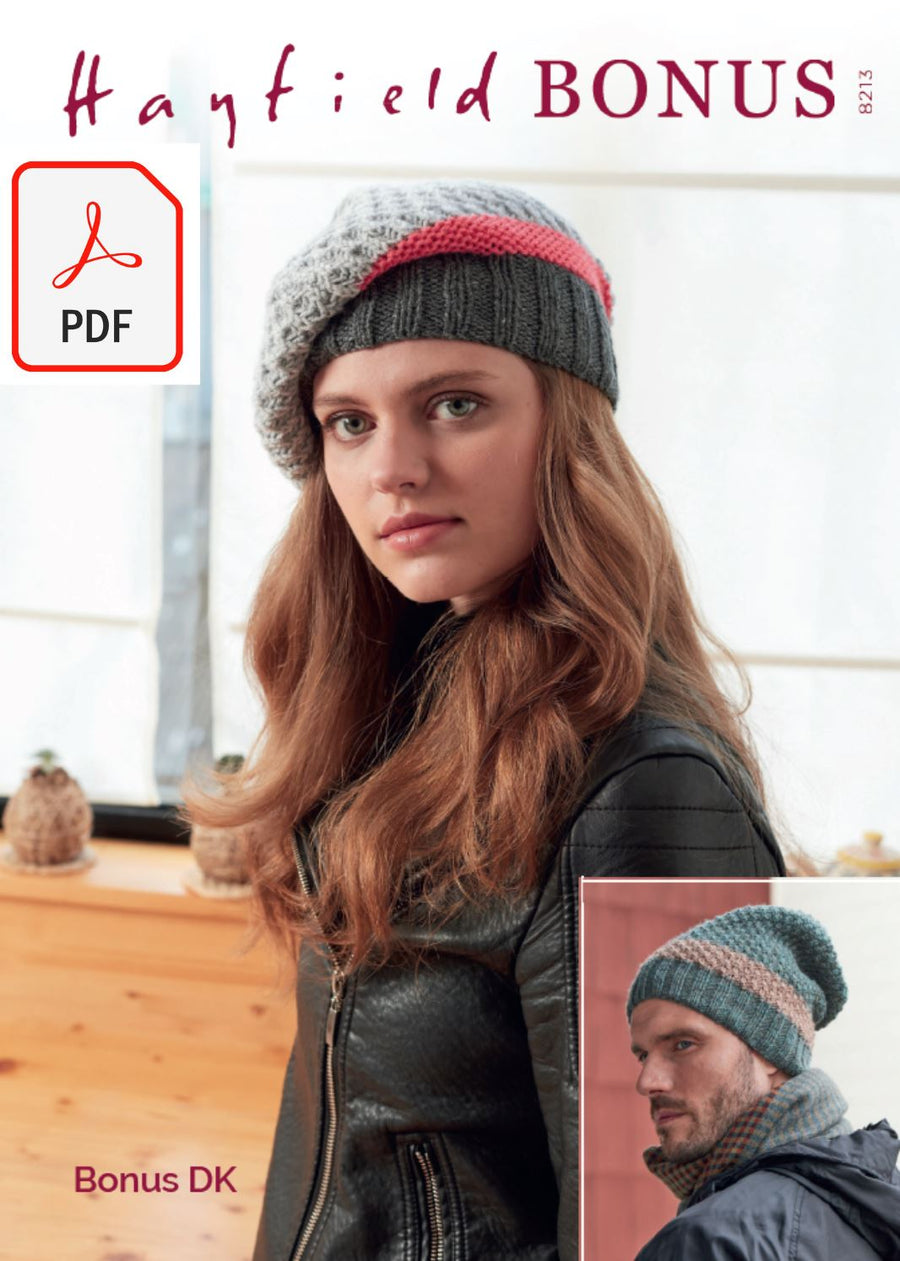 Hayfield 8213 Hats in Bonus DK (PDF) Knit in a Box 