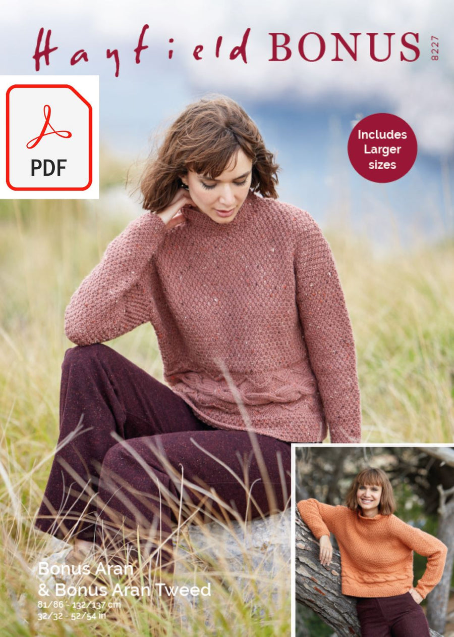 Hayfield 8227 Ladies Sweater in Bonus Aran Tweed & Bonus Aran (PDF) Knit in a Box 