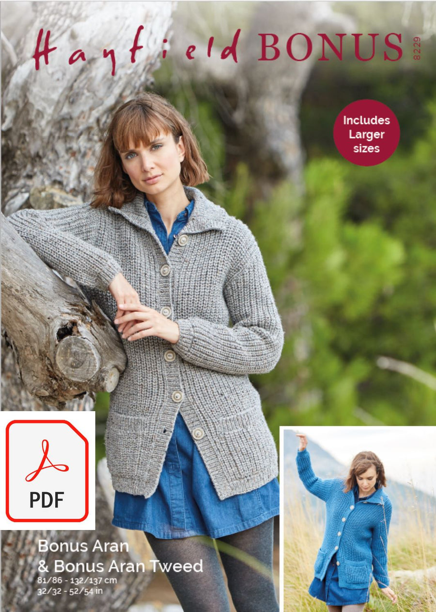 Hayfield 8229 Ladies Cardigans in Bonus Aran Tweed & Bonus Aran (PDF) Knit in a Box 