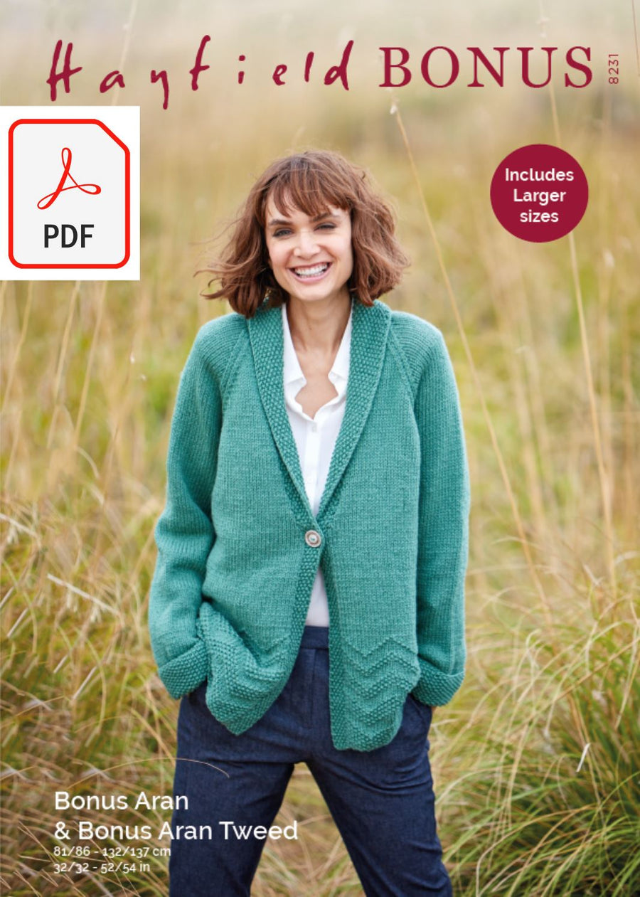 Hayfield 8231 Ladies Jacket in Bonus Aran (PDF) Knit in a Box 