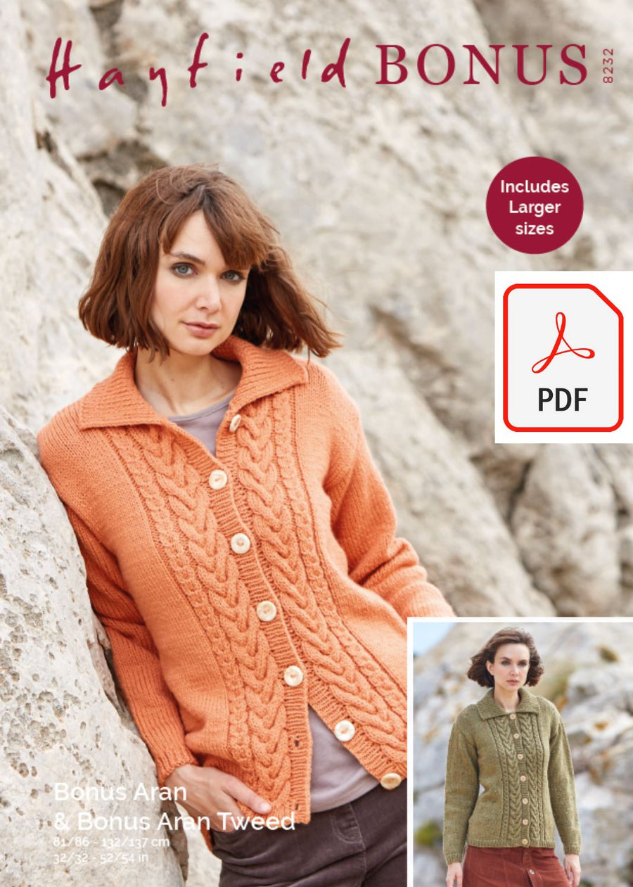 Hayfield 8232 Ladies Cardigan in Bonus Aran Tweed & Bonus Aran (PDF) Knit in a Box 