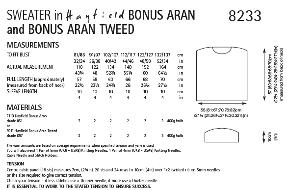 Hayfield 8233 Ladies Sweater in Bonus Aran Tweed & Bonus Aran (PDF) Knit in a Box