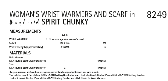 Hayfield 8249 Ladies Wrist Warmers & Scarf in Spirit Chunky (PDF) Knit in a Box