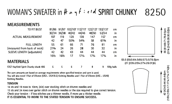 Hayfield 8250 Ladies Sweater in Spirit Chunky (PDF) Knit in a Box
