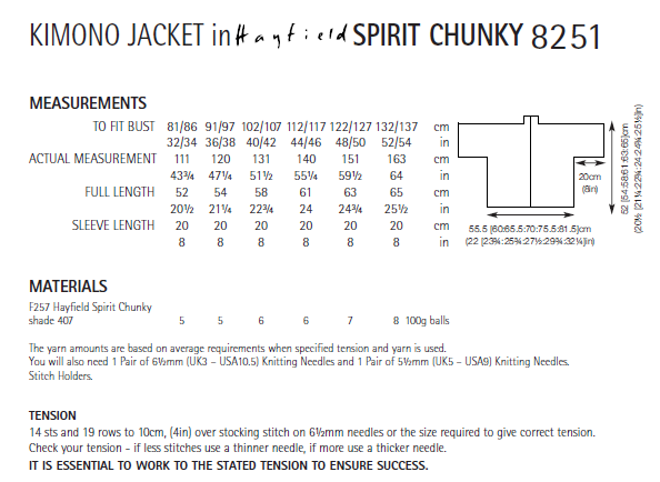 Hayfield 8251 Kimono Jacket in Spirit Chunky (PDF) Knit in a Box