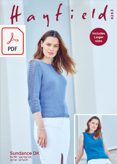 Hayfield 8263 Ladies 3/4 Sleeved Sweater & Sleeveless Vest in Sundance DK (PDF) Knit in a Box