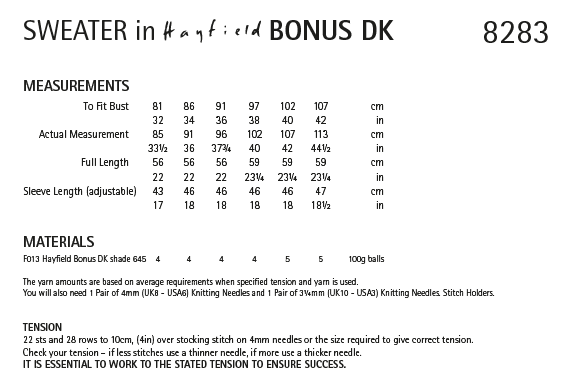 Hayfield 8283 Ladies Sweater in Hayfield Bonus DK (PDF) Knit in a Box