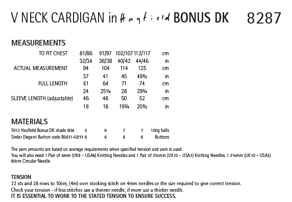 Hayfield 8287 Men's V Neck Cardigan in Hayfield Bonus DK (PDF) Knit in a Box