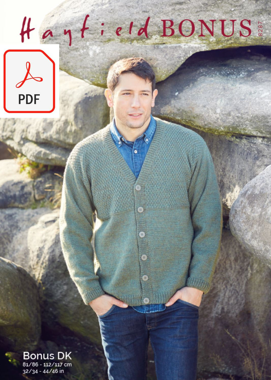 Hayfield 8287 Men's V Neck Cardigan in Hayfield Bonus DK (PDF) Knit in a Box 