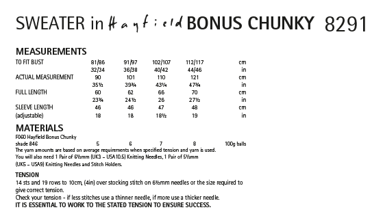 Hayfield 8291 Ladies Sweater in Hayfield Bonus Chunky (PDF) Knit in a Box