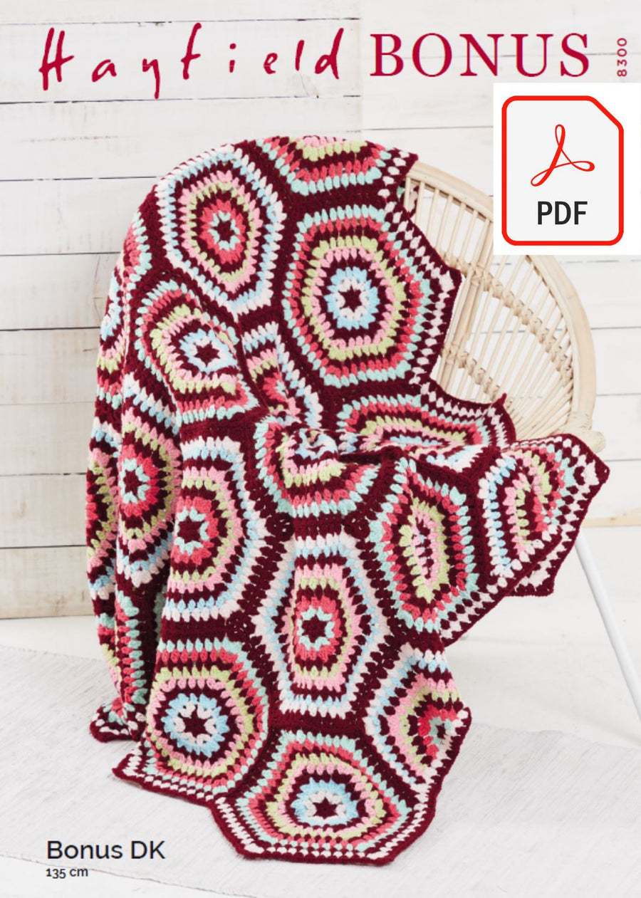 Hayfield 8300 Hexie Crochet Blanket in Bonus DK (PDF) Knit in a Box 