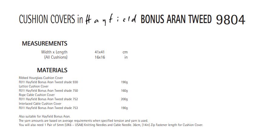 Hayfield 9804 Cushion Covers in Bonus Aran Tweed (PDF) Knit in a Box