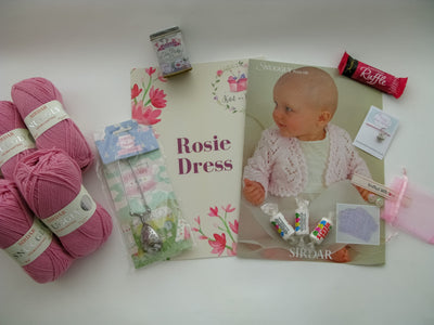 Rosie Dress Baby Box On Sale Now! Purple, Yellow, or Pink! Knit in a Box