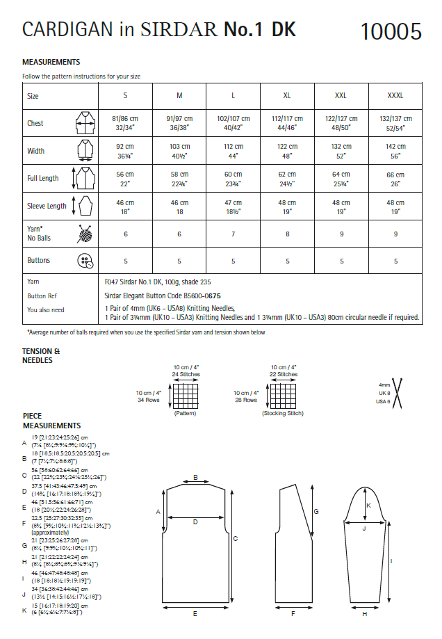 Sirdar 10005 Ladies Cardigan in Sirdar No 1DK (PDF) Knit in a Box