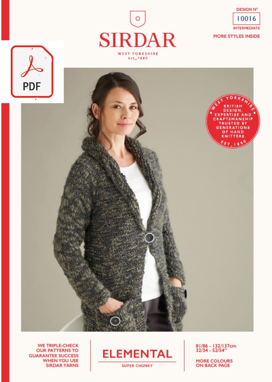 Sirdar 10016 Ladies Shawl Collared Cardigan in Sirdar Elemental Super Chunky (PDF) Knit in a Box 
