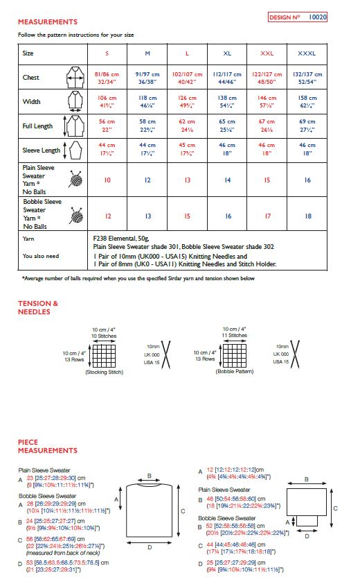 Sirdar 10020 Ladies Plain & Bobble Sleeve Sweater in Sirdar Elemental Super Chunky (PDF) Knit in a Box