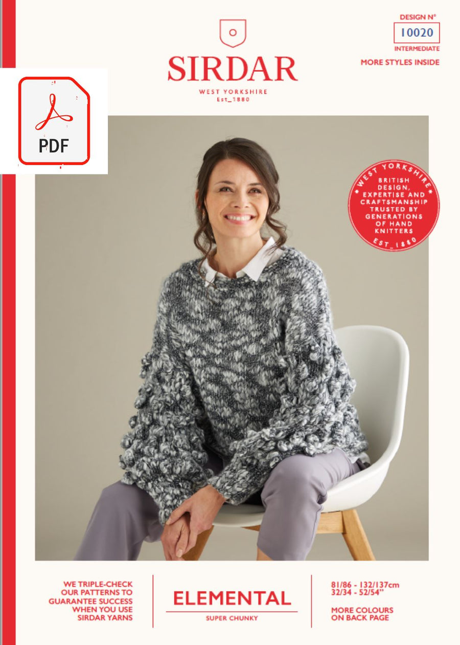 Sirdar 10020 Ladies Plain & Bobble Sleeve Sweater in Sirdar Elemental Super Chunky (PDF) Knit in a Box 