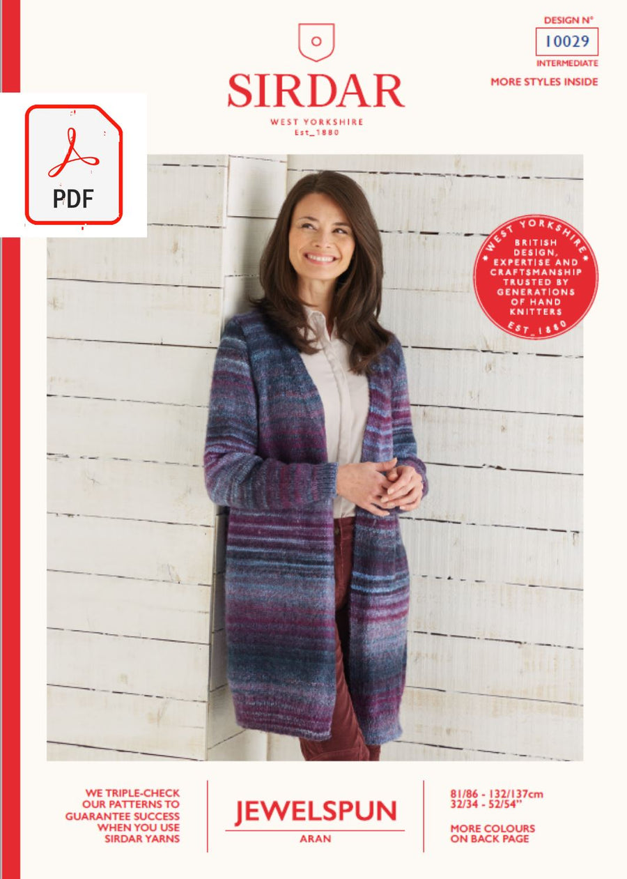 Sirdar 10029 Ladies Long Line Jacket in Sirdar Jewelspun Aran (PDF) Knit in a Box 