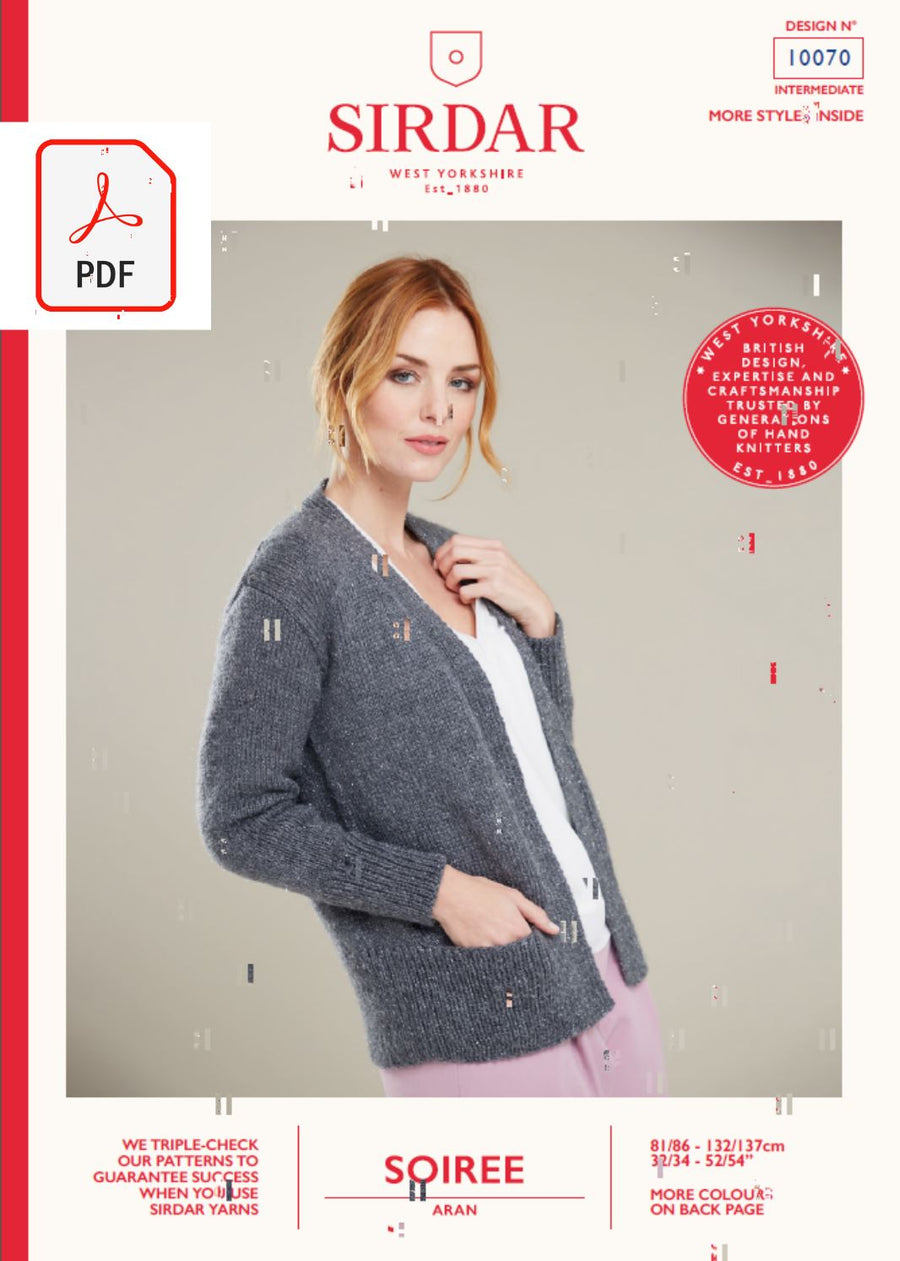 Sirdar 10070 Ladies V Neck Jacket in Sirdar Soiree Aran (PDF) Knit in a Box 