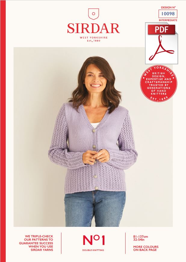 Sirdar 10098 Ladie Cardigan in Sirdar No1 DK Knitting (PDF) Knit in a Box
