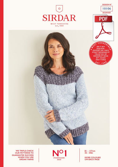 Sirdar 10106 Ladie Sweater in No1 Stonewashed Aran Knitting (PDF) Knit in a Box