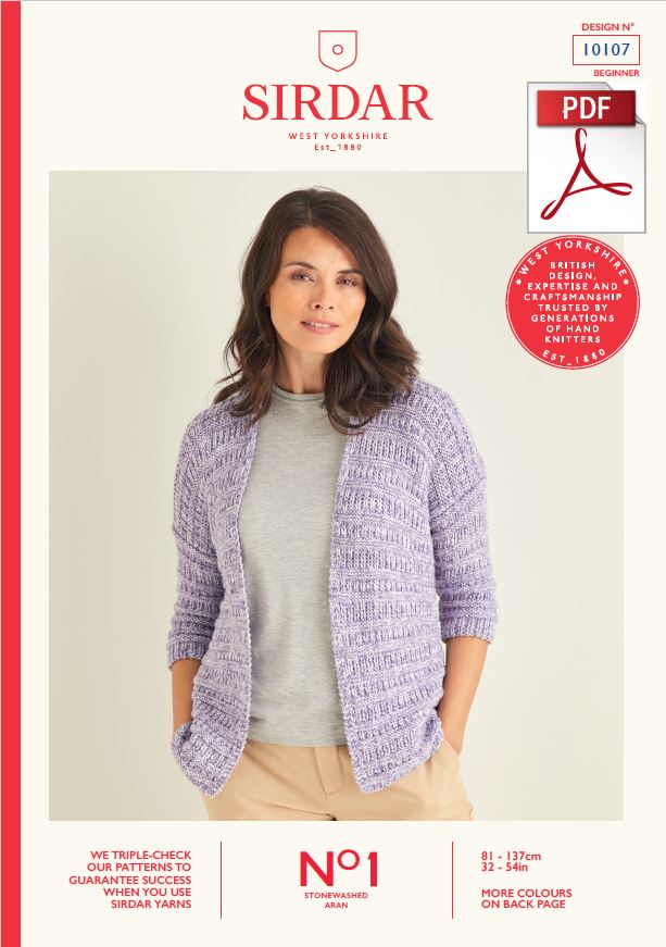 Sirdar 10107 Ladie Cardigan in No1 Stonewashed Aran Knitting (PDF) Knit in a Box 