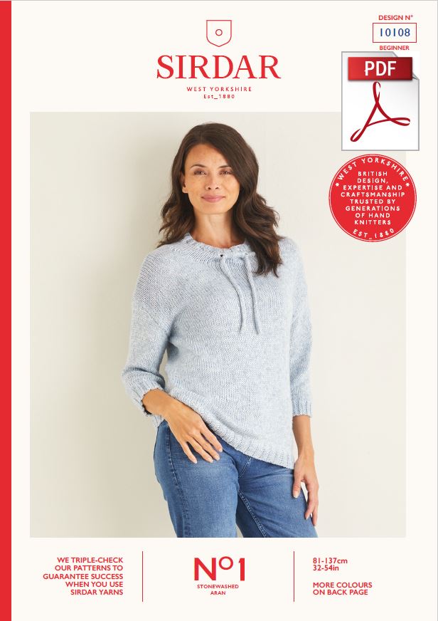 Sirdar 10108 Ladie Sweater in No1 Stonewashed Aran Knitting(PDF) Knit in a Box 