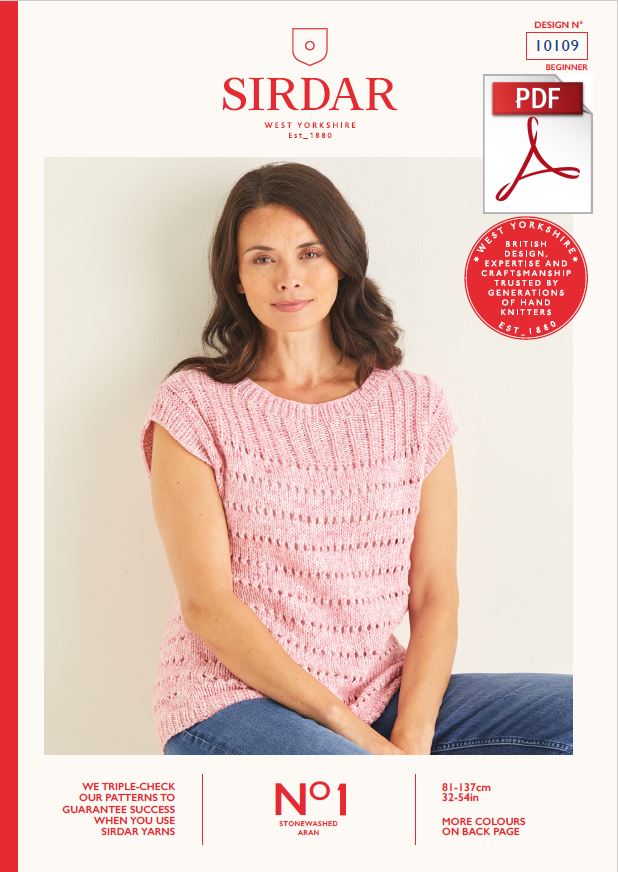 Sirdar 10109 Ladie Vest Top in No1 Stonewashed Aran Knitting (PDF) Knit in a Box