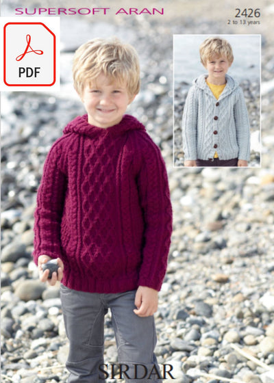 Sirdar 2426 Boys Sweater and Cardigan with Hoods in Supersoft Aran (PDF) Knit in a Box