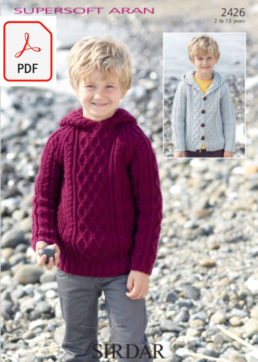 Sirdar 2426 Boys Sweater and Cardigan with Hoods in Supersoft Aran (PDF) Knit in a Box 