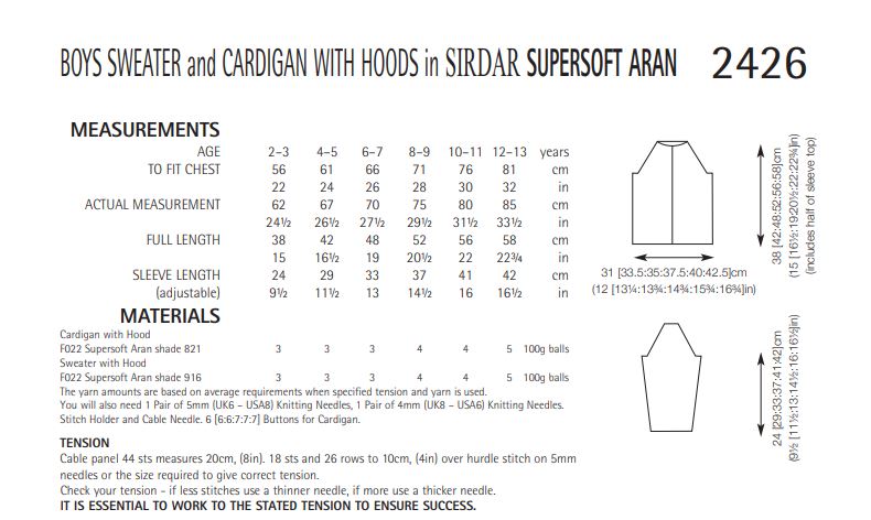 Sirdar 2426 Boys Sweater and Cardigan with Hoods in Supersoft Aran (PDF) Knit in a Box