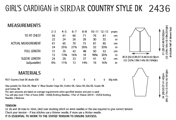 Sirdar 2436 Girl´s Cardigan in Country Style DK (PDF) Knit in a Box