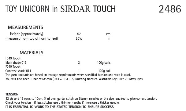 Sirdar 2486 Toy Unicorn in Touch (PDF) Knit in a Box