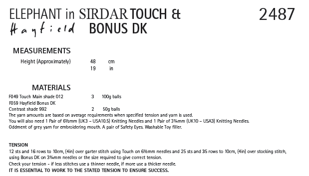 Sirdar 2487 Elephant in Touch and Hayfield Bonus DK (PDF) Knit in a Box