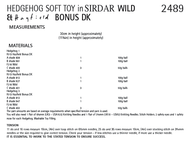 Sirdar 2489 Hedgehog Soft Toy in Wild and Hayfield Bonus DK (PDF) Knit in a Box