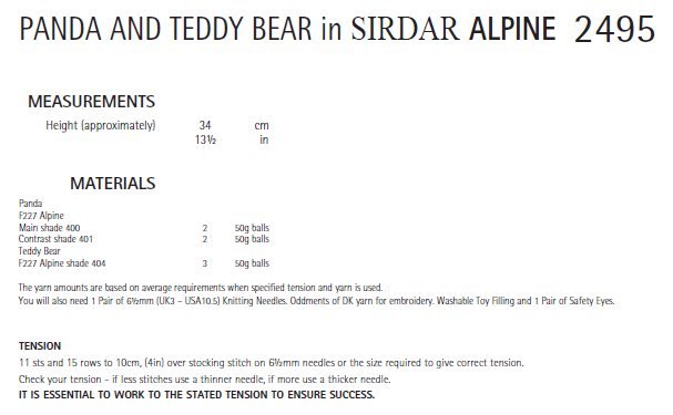 Sirdar 2495 Panda and Teddy Bear in Alpine (PDF) Knit in a Box