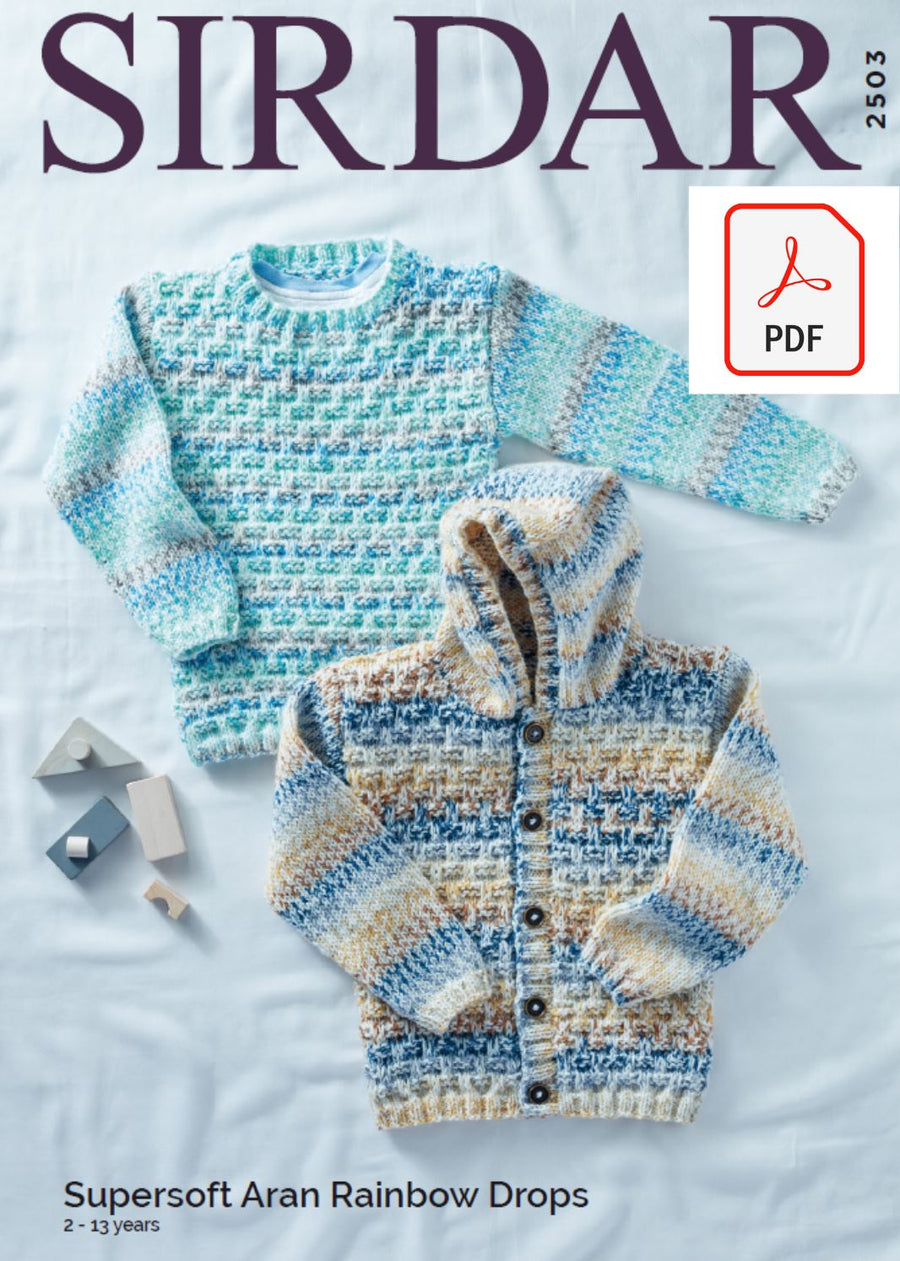 Sirdar 2503 Childrens Sweater & Hooded Cardigan in Supersoft Aran Rainbow Drops (PDF) Knit in a Box 