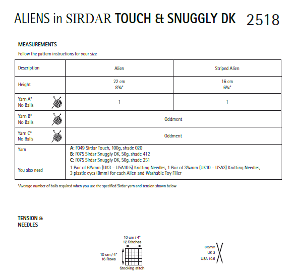 Sirdar 2518 Toy Aliens in Sirdar Touch & Snuggly DK (PDF) Knit in a Box