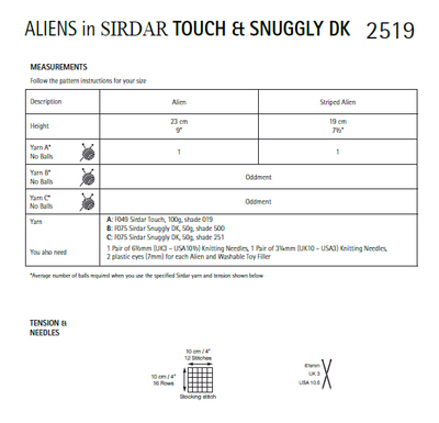Sirdar 2519 Toy Aliens in Sirdar Touch & Snuggly DK (PDF) Knit in a Box