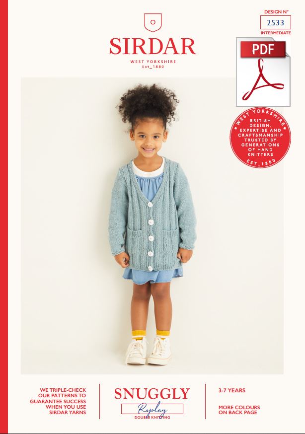 Sirdar 2533 Children Cardigan in Snuggly Replay DK Knitting (PDF) Knit in a Box 