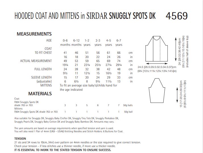 Sirdar 4569 Hooded Coat and Mittens in Snuggly Spots DK (PDF) Knit in a Box