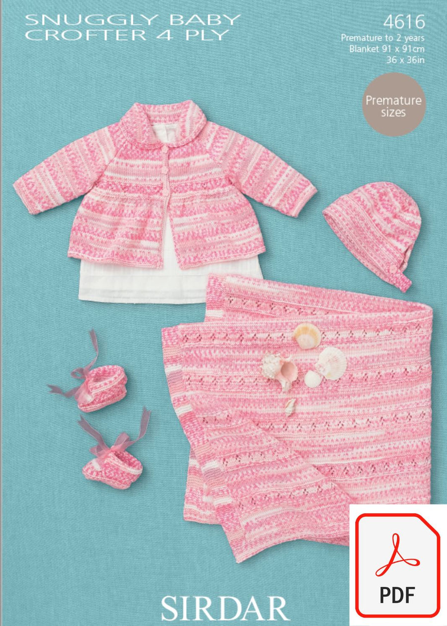 Sirdar 4616 Babies Coat, Hat, Bootees & Blanket in Snuggly Baby Crofter 4 ply yarn (PDF) Knit in a Box 
