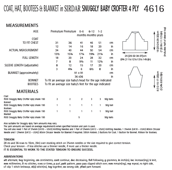 Sirdar 4616 Babies Coat, Hat, Bootees & Blanket in Snuggly Baby Crofter 4 ply yarn (PDF) Knit in a Box