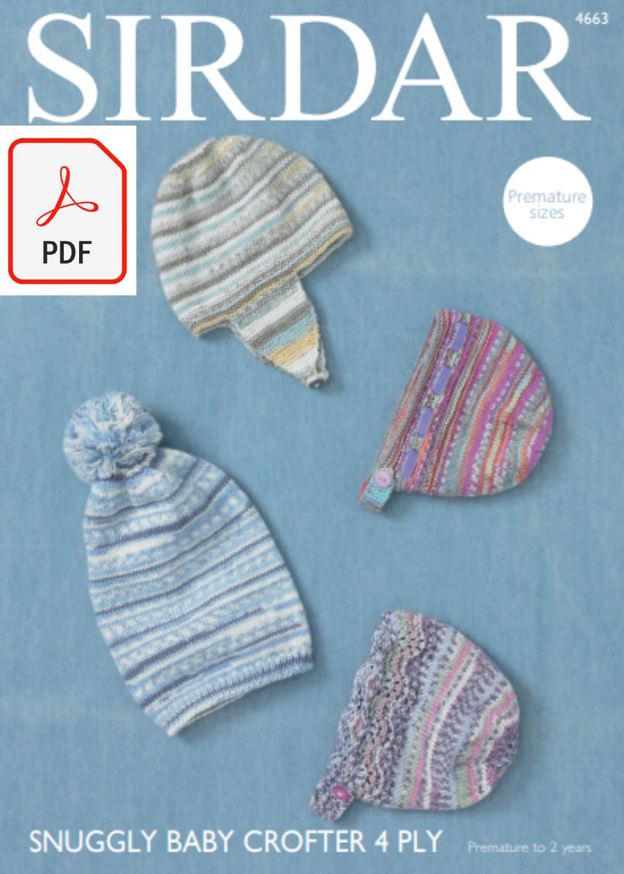 Sirdar 4663 Hat, Helmet and Bonnets in Snuggly Baby Crofter 4 ply (PDF) Knit in a Box 
